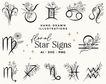 May include: A collection of twelve black and white zodiac symbols adorned with botanical floral illustrations. The text reads: HAND-DRAWN ILLUSTRATIONS, floral Star Signs, Ai, SVG, PNG. Small four-pointed stars are scattered between the symbols.