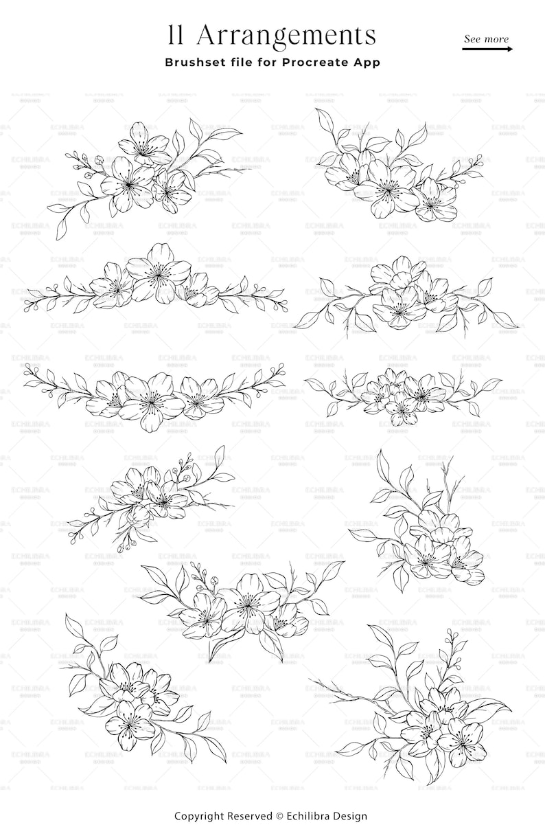 Procreate Cherry Blossom Stamp Brushes, Sakura Botanical Stamps, Hand Drawn Floral Stamps, Procreate Leaves, Cherry Floral Wreath image 2