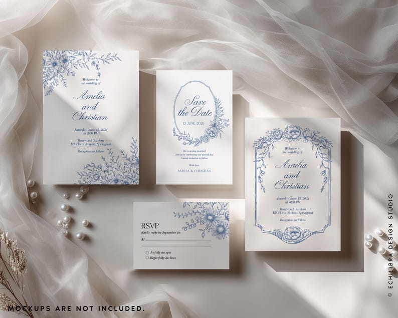 May include: A wedding stationery set featuring white cards with blue floral illustrations and elegant typography. The set includes an invitation, a save the date card, and an RSVP card, all decorated with intricate botanical line art in blue ink.