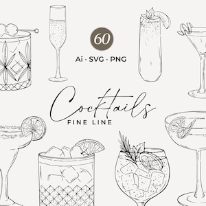 Coquetéis desenhados à mão SVG, clipart de coquetel exclusivo, ilustrações de bebidas SVG, linha de coquetéis de casamento PNG, menu de bebidas de casamento