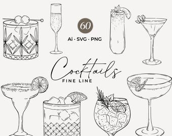 Handgezeichnete Cocktails SVG, Signature Cocktail Clipart, Cocktail Illustrationen SVG, Linie Hochzeits-Cocktails PNG, Hochzeitsgetränkekarte