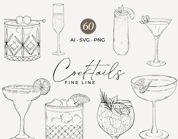 Hand Drawn Cocktails SVG, Signature Cocktail Clipart, Drink Illustrations SVG, Line Wedding Cocktails PNG, Wedding Drink Menu