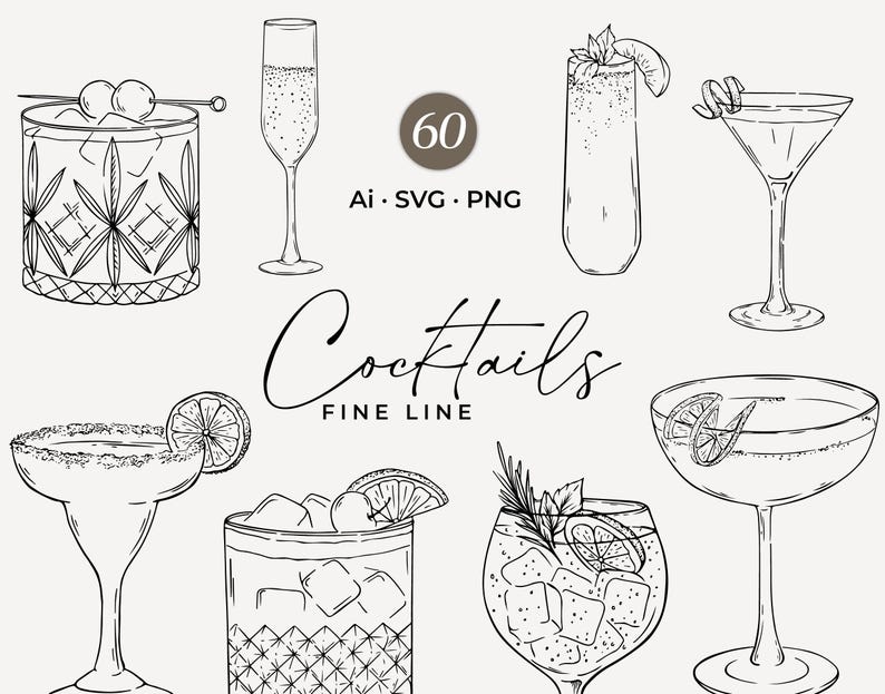 May include: A set of 60 line art illustrations of cocktails. The illustrations are in black and white and feature various types of cocktails, including a margarita, a martini, a champagne flute, and a highball glass.