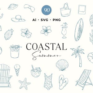 Paquete SVG de verano costero, ilustraciones dibujadas a mano, imágenes PNG náuticas, iconos de playa y océano, colección de vectores de vacaciones en la playa