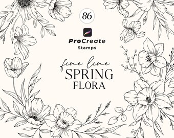 May include: Black and white line art illustration of spring flowers, including daffodils, tulips, and lilies. The image is titled "fine line SPRING FLORA" and includes the Procreate logo and the number 86.