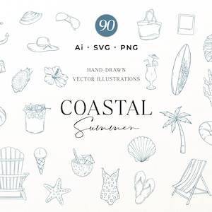 Può includere: Una collezione di 90 illustrazioni vettoriali disegnate a mano con temi costieri ed estivi in inchiostro blu. Il set include icone di un'ancora, cappelli, occhiali da sole, fotocamera, frutta tropicale, fiori, bevande, tavole da surf e spiaggia.