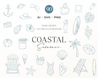 90 Summer Beach SVG Bundle, Hand-Drawn Coastal and Tropical Illustrations, Nautical Clipart PNG