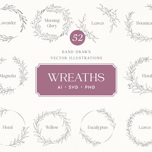 Può includere: Una collezione di 52 illustrazioni vettoriali disegnate a mano di ghirlande floreali con motivi di lavanda, gloria del mattino, magnolia, salice ed eucalipto. Il testo include 52, Hand-Drawn Vector Illustrations, Wreaths, Ai, SVG, PNG.