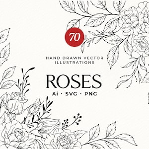 Rose Fine Line Artwork, Rosendesigns, Botanische Linie Kunst, SVG, Clipart, handgezeichnete Vektorblumen, Rosenrahmen