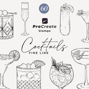 Sellos de pincel para cócteles de Procreate, cócteles exclusivos, ilustraciones de bebidas para Procreate, cócteles de boda lineales, menú de bebidas para bodas