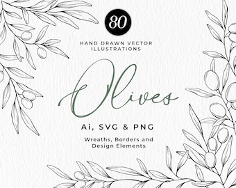 Hand Drawn Olives SVG, Olive Clipart, Olive Wreath PNG, Line Art Olive Branch, Minimalist Botanical, Commercial Use