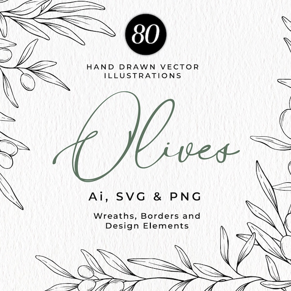 Aceitunas dibujadas a mano SVG, imágenes prediseñadas de olivo, corona de olivo PNG, rama de olivo de arte lineal, botánico minimalista, uso comercial