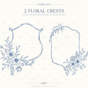 May include: Two blue ink hand-drawn botanical crests featuring floral arrangements on a light background. The text reads FLORENTIA, 2 FLORAL CRESTS, HAND-DRAWN BOTANICAL ILLUSTRATIONS, and ECHILIBRA DESIGN STUDIO at the bottom.