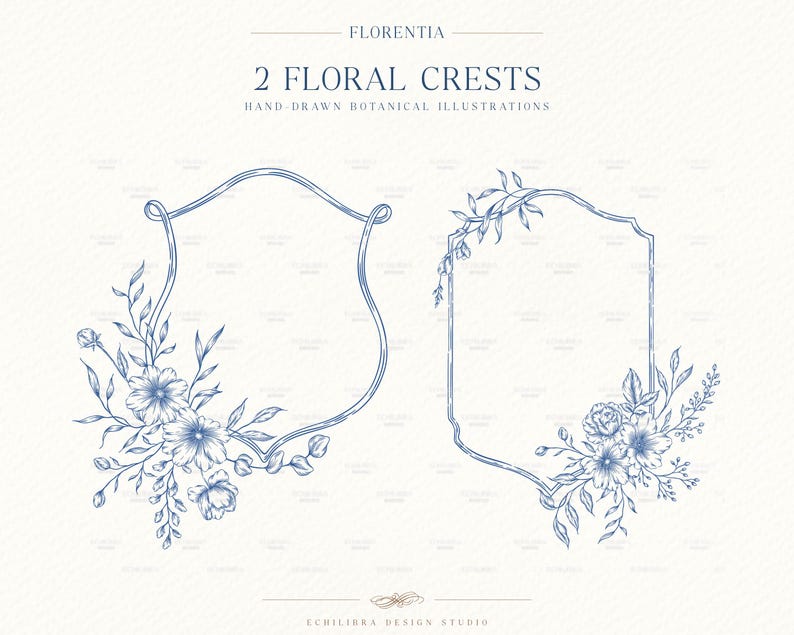 May include: Two blue ink hand-drawn botanical crests featuring floral arrangements on a light background. The text reads FLORENTIA, 2 FLORAL CRESTS, HAND-DRAWN BOTANICAL ILLUSTRATIONS, and ECHILIBRA DESIGN STUDIO at the bottom.