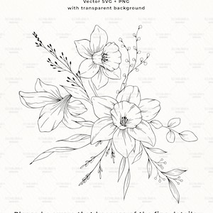 K&ouml;nnte beinhalten: Schwarz-wei&szlig;-Linienzeichnung eines Strau&szlig;es Narzissen und anderer Blumen. Das Bild enth&auml;lt den Text "Bitte beachten Sie, dass diese aufgrund der feinen Details m&ouml;glicherweise nicht f&uuml;r die Verwendung mit Cricut in kleinen Gr&ouml;&szlig;en geeignet sind."