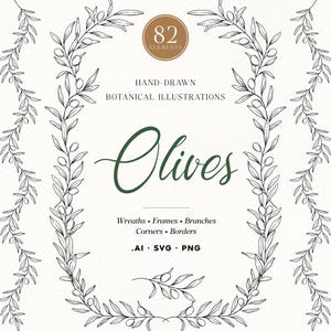 Olive Branch Illustrations: Hand-Drawn Botanical Wreaths, Frames, Borders and Corners, SVG PNG