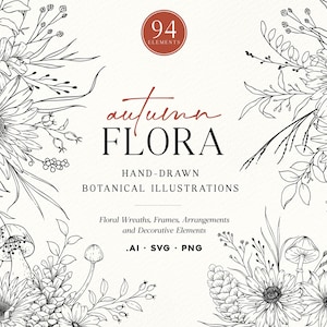 Puede incluir: Una colección digital de 94 ilustraciones botánicas dibujadas a mano titulada autumn FLORA. El arte lineal en blanco y negro presenta coronas florales, marcos, arreglos y elementos decorativos que incluyen setas, piñas y varias flores.