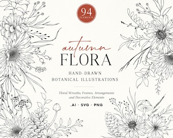 Puede incluir: Una colección digital de 94 ilustraciones botánicas dibujadas a mano titulada autumn FLORA. El arte lineal en blanco y negro presenta coronas florales, marcos, arreglos y elementos decorativos que incluyen setas, piñas y varias flores.