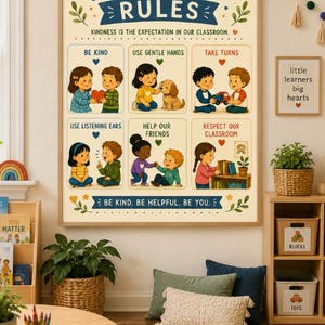 May include: A classroom poster titled KINDNESS RULES featuring six illustrated panels with children demonstrating positive behaviours like being kind, using gentle hands, taking turns, using listening ears, helping friends, and respecting the classroom.