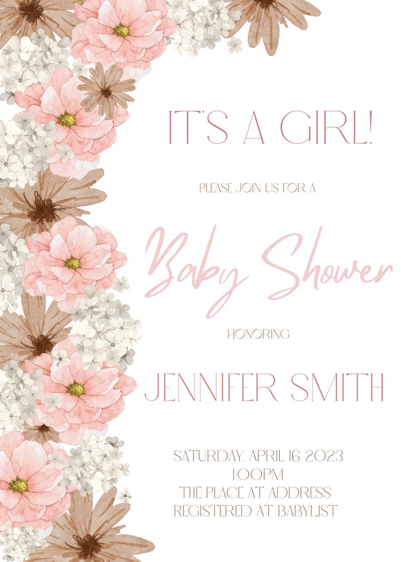 Instant Download Baby Shower Invitation With Flowers, Custom Baby
