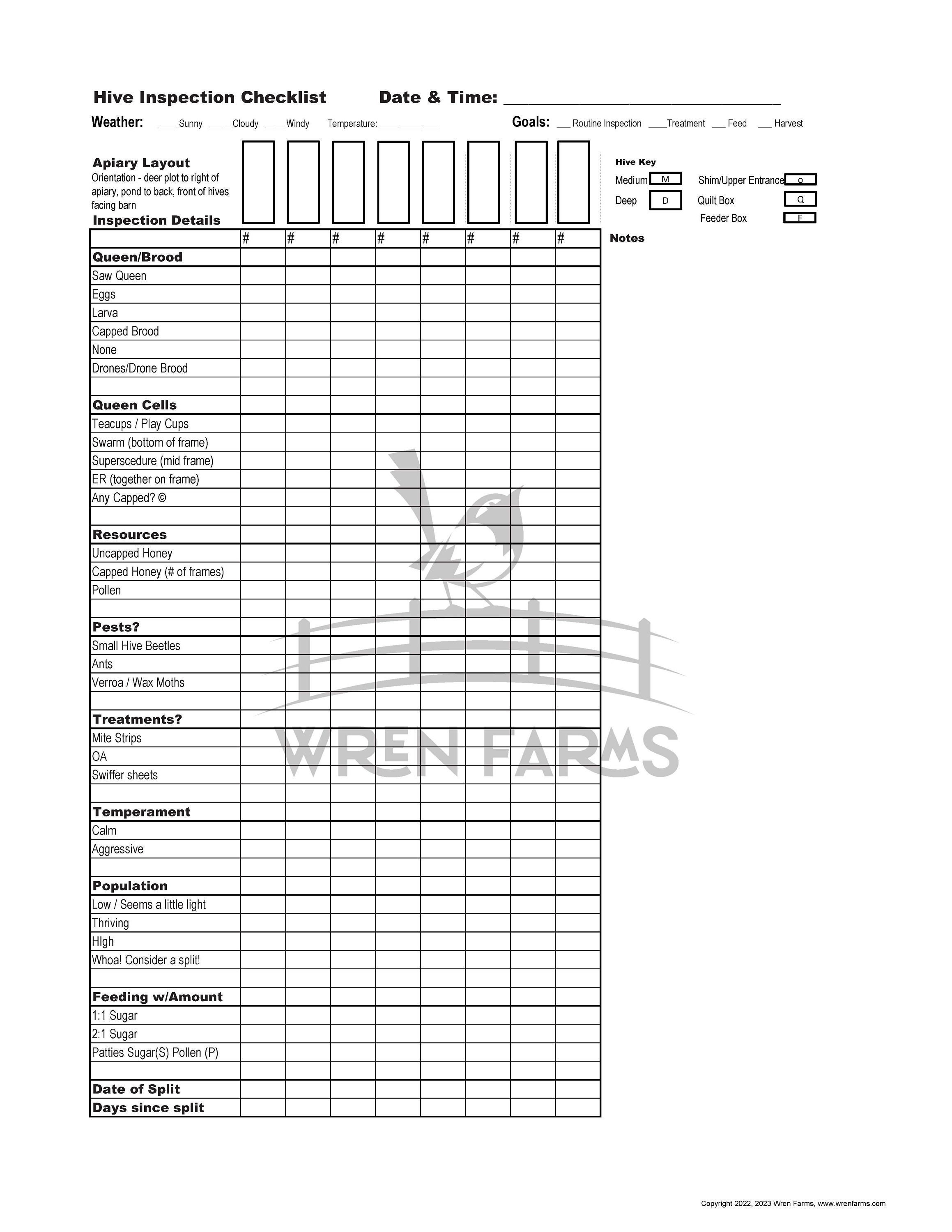 Hive Inspection Checklist for Hives Labeled by Number 1, 2, Etc. Etsy