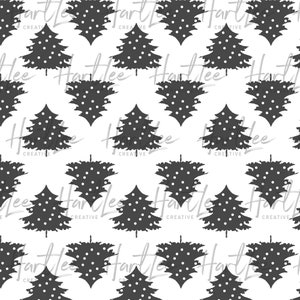 May include: A seamless pattern featuring black and white Christmas trees with white polka dots on a white background.