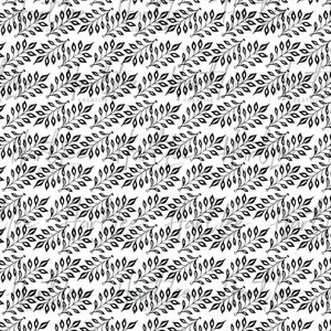 May include: A seamless pattern featuring black stylized branches with leaves on a white background.