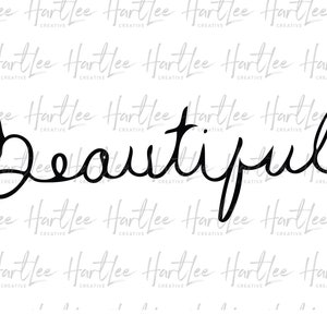 Op de afbeelding: Een zwart-witte illustratie van het woord "Beautiful" geschreven in cursief met een hartvorm die is opgenomen in de eerste letter "B".