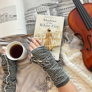 Shadows of the White City Writing Gloves Reading Gloves Arm Warmers Booklover Gift Fingerless Gloves image 3