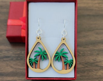 Palm Tree Earrings , Wood Earrings Hand Painted, Summer, Dangle Earrings