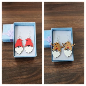 Gnome Earrings, Christmas Gnomes, Hand-painted Wood Earrings, Dangle Earrings