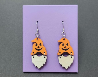 Halloween Gnome Earrings, Hand-Painted Wood Earrings, Dangle Earrings