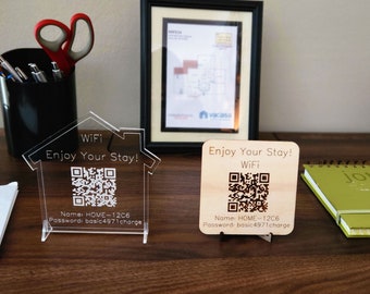 Custom WiFi Password Sign With QR Code, 2 Options Available, Wood or Acrylic, Stand Included