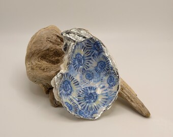 Blue ocean wave trinket dish natural oyster shell