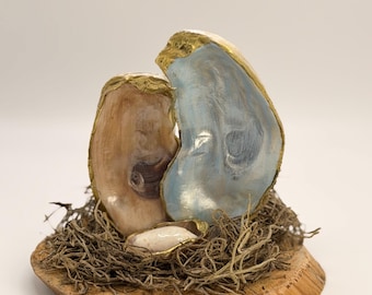 Oyster Shell Nativity Scene on Natural Pine Log