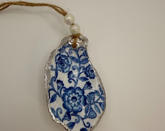 Blue and white decoupage oyster shell
