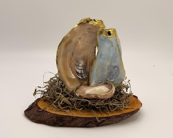 Coastal natural oyster shell nativity ornament