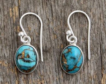 Women's Turquoise Earring-Handmade Design Silver Earring-Oval Shape Stone Earring-Blue Stone Earring-Beautiful  Designer Earring
