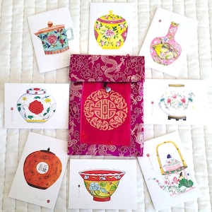 8 note cards based on my original paintings of Peranakan pottery (with envelopes) in your choice of Chinese silk pouch.