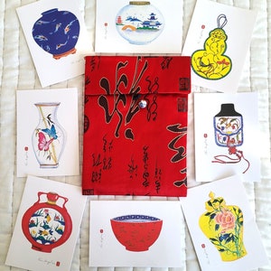 8 notitiekaarten gebaseerd op mijn originele schilderijen van Chinees aardewerk (met enveloppen) in een Chinees zijden zakje naar keuze.