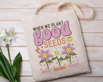 Retro Flower Power Canvas Tote Bag: Good Vibes Eco Bag