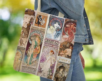 Alphonse Mucha Art Nouveau Collage Tote Bag: Reusable Canvas Shoulder Bag