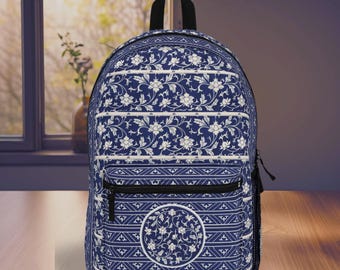 Floral Art Nouveau Backpack: Stylish Blue & White Bookpack
