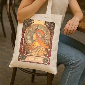 Alphonse Mucha Zodiac Tote Bag – Art Nouveau Canvas Shoulder Bag – Vintage Astrology Gift – Celestial Design Eco-Friendly Tote