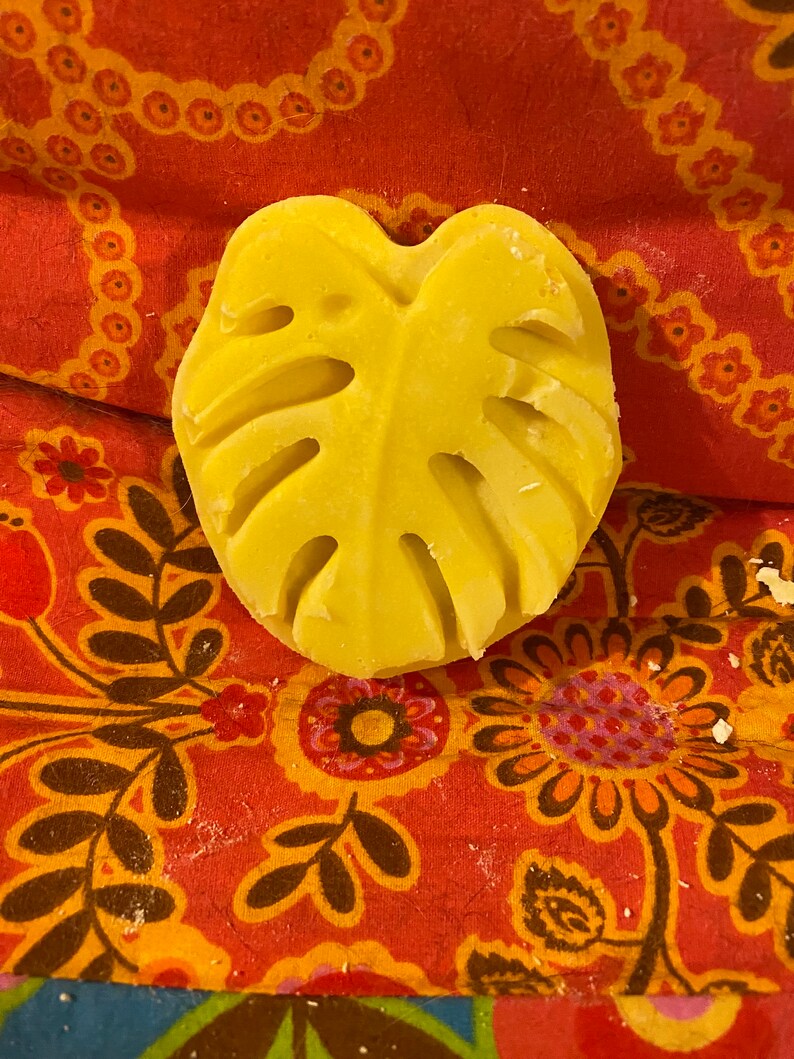 Cucumber Melon Soap with Yellow Swirl Handmade, five oil blend Monstera Plant