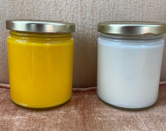 Honeysuckle Candles, in white and yellow, made by hand from Soy Wax!