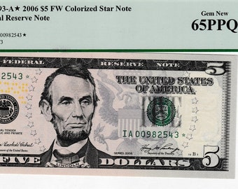 United States Star Replaced Note BOSTON Fr.1993-A Dollars 5 2006 Federal Reserve Bank Note. PCGS Superb Gem New 65 PPQ.Serial 00982543