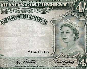 BAHAMAS 1953 - Queen Elizabeth II - 4 Shillings Banknote - P13b  S. No. A1 841515 Rare
