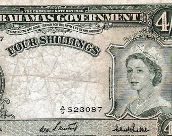 BAHAMAS 1936-1953 - Queen Elizabeth II - 4 Shillings Banknote - P13c S. No. A5 523087 Rare