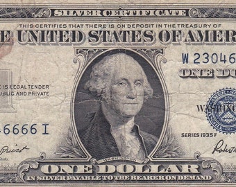1935 Silver Certificate One Dollar Bill: Blue Seal Note, Serial #W 23046666 I